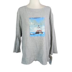Vintage 90s Michael Leu Lighthouse Art Grey Thermal 3/4 Sleeve T-Shirt Top S NWT